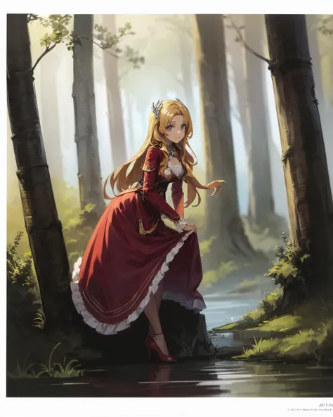 best quality, (masterpiece:1.2), illustration, absurdres,
(1girl, solo), (beautiful detailed girl), from below,
<lora:Alfin-07:0.8>, Alfin Reise Arnor, blonde hair, blue eyes, small breasts, hair ornament, wing ornament,
red dress, ribbon, red high heels, frills,
swamp, trees, plants, fog, mist,,
smile, looking at viewer, 
((leaning forward))