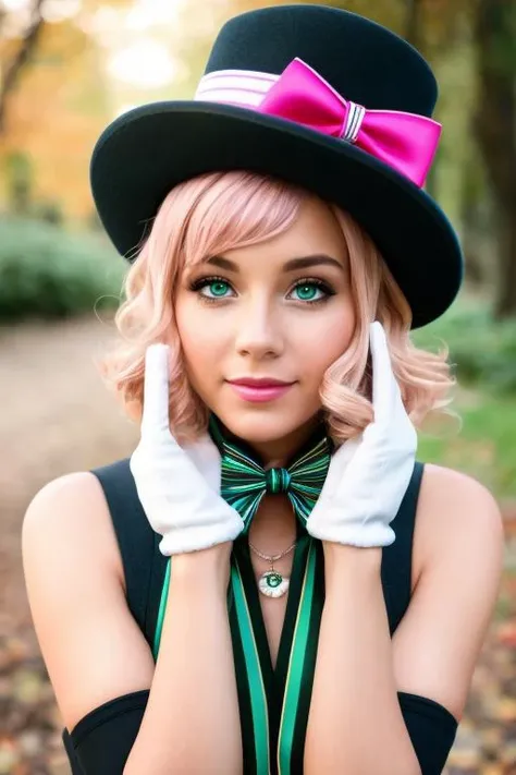 soft lighting, professional Photography, Photorealistic, detailed eyes, RAW, analog, sharp focus, 8k, HD, DSLR, high quality, Fujifilm XT3, film grain, award winning, masterpiece, <lora:Grace:0.75> solo, 1girl, grace, gloves, hat, striped, vertical-striped legwear, bangs, bow, blush, thighhighs, green eyes, pink hair, two-tone hair
