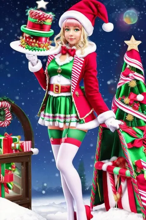 wearing a Santa Outfit, in santa grotto, north pole, snow, snowmen, snow-women, elves, candy canes, detailed background  <lora:Grace:1.0> solo, 1girl, grace, gloves, hat, striped, vertical-striped legwear, skirt, jacket, bangs, bow, blush, thighhighs, green eyes, pink hair, two-tone hair