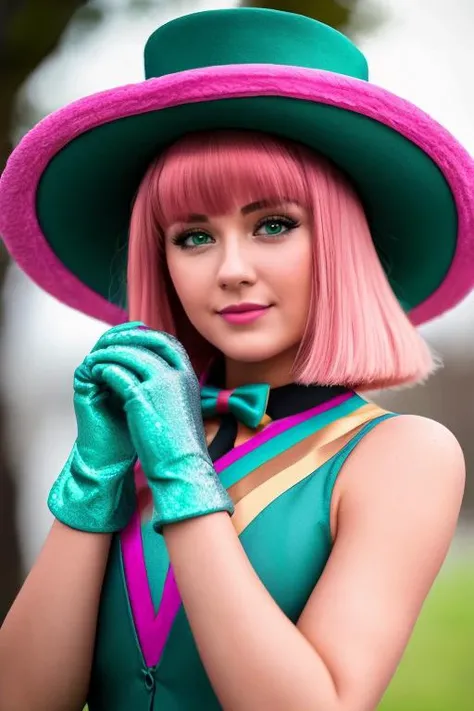 soft lighting, professional Photography, Photorealistic, detailed eyes, RAW, analog, sharp focus, 8k, HD, DSLR, high quality, Fujifilm XT3, film grain, award winning, masterpiece, <lora:Grace:0.75> solo, 1girl, grace, gloves, hat, striped, vertical-striped legwear, bangs, bow, blush, thighhighs, green eyes, pink hair, two-tone hair, competition, circus