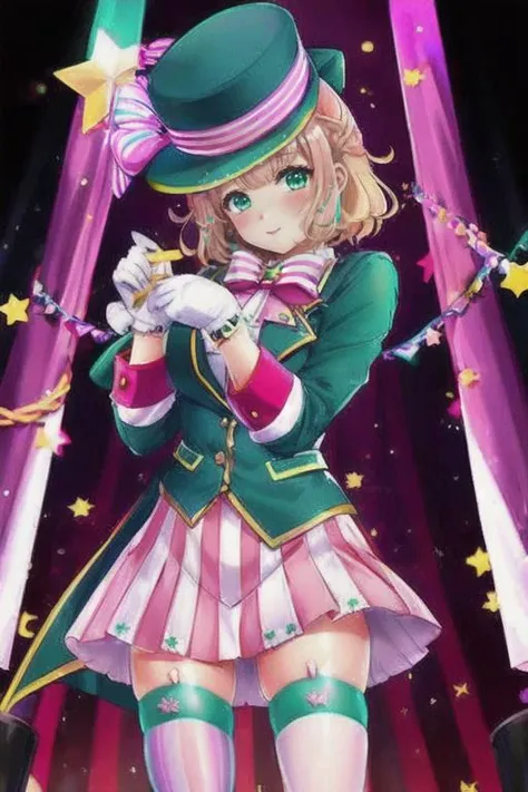 soft lighting, professional Photography <lora:Cartoon_GraceQT:0.75> solo, 1girl, grace, gloves, hat, striped, vertical-striped legwear, bangs, bow, blush, thighhighs, green eyes, pink hair, two-tone hair, standing in a circus entrance, short skirt,