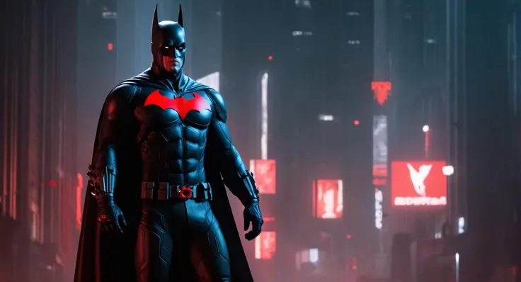 concept art of Cinematic Film stock footage in (arri alexa style) Kodak film print, <lora:Batman Beyond:1> Batman Beyond a batman in a red and black costume, digital artwork, illustrative, painterly, matte painting, highly detailed