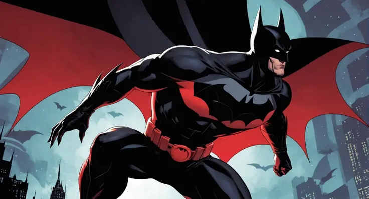 comic book art of Cinematic Film stock footage in (arri alexa style) Kodak film print, <lora:Batman Beyond:1> Batman Beyond a batman in a red and black dark stealth costume, comic art, graphic novel illustration