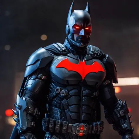 futuristic style,  <lora:batman cyborg:1>
batman cyborg a man in a black cyborg exoskeleton costume with a red terminator machine eyes on in the year 2042, sleek, modern, ultramodern, high tech, detailed