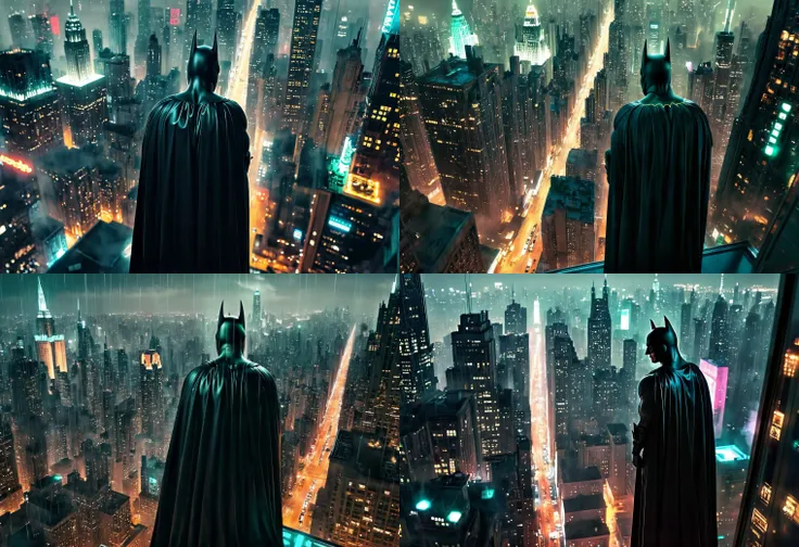 in a moody aesthetic, beautiful cozy, cramped living room with floor to ceiling glass windows overlooking Gotham City, neon billboards, holographic ads, at night, view from top of skyscraper, 1boy, Batman, bodybuilder, Batman mask, (long black cape:1.4), back view, standing in front of a open window from back, detailed, high resolution, highly detailed, gloomy, concept art of Cinematic Film stock footage in, (arri alexa style), Kodak film print, raytracing, hdr, <lora:Batman Beyond:1>, <lora:add-detail-xl:1> <lora:glowneon_xl_v1:1> glowneon, glowing, sparks, lightning <lora:Kodak Motion Picture Film Style v4:1> Kodak Motion Picture Film Style, Kodak Motion Picture Film