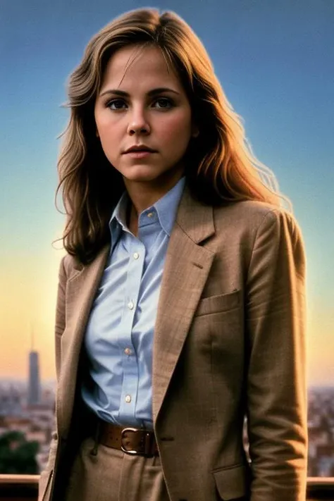 MelCu1TTXV1A, (natural light), (high quality photography), (intricate details), (8k), (HDR), (sharp focus), a woman posing for photo in formal suit (skyline ambience:1.2), (dawn:1.2),