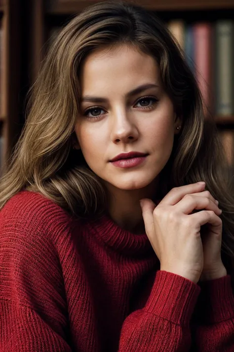 photo of beautiful (MelCu1TTXV1A:0.99), a woman with perfect blonde hair, wearing Bright Red (Sweater, Jeans:1.1), (library:1.1), (closeup portrait), modelshoot style, (extremely detailed CG unity 8k wallpaper), professional majestic photography, (Leica M6 Camera), 24mm, exposure blend, hdr, faded, extremely intricate, High (Detail:1.1), Sharp focus, dramatic, soft cinematic light, (looking at viewer), (detailed pupils), 4k textures, elegant, ((((cinematic look)))), soothing tones, insane details, hyperdetailed, low contrast, (epicPhoto)