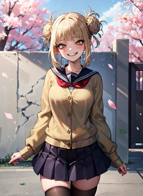 ((best quality)), ((highly detailed)), detailed face, beautiful face, , (1girl), (solo), cowboy shot, very wide shot, <lora:HimikoToga-TMT:.9>, HimikoT, blonde hair, yellow eyes, medium breasts, grin, fangs, school uniform, yellow cardigan, black thighhighs, brown loafers, (outdoors, <lora:school_outdoors_v0.2:1>, at a school, building, gate, fence, trees, cherry blossoms, morning)