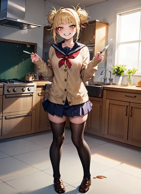 ((best quality)), ((highly detailed)), , (1girl), (solo), full body, wide shot, <lora:HimikoToga-TMT:.8>, HimikoT, blonde hair, yellow eyes, medium breasts, grin, fangs, school uniform, yellow cardigan, black thighhighs, brown loafers, (knife), (inside, in a kitchen, cooking food)