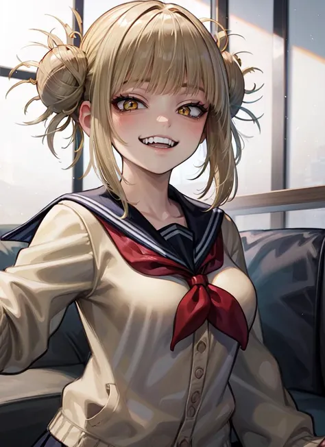 ((best quality)), ((highly detailed)), , (1girl), (solo), depth of field, dynamic pose, upper body, <lora:hairdetailer:.5>, <lora:HimikoToga-TMT:1>, HimikoT, blonde hair, yellow eyes, medium breasts, smiling, fangs, school uniform, yellow cardigan, black thighhighs, brown loafers, (inside, in a living room)