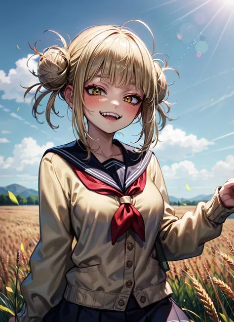 ((best quality)), ((highly detailed)), , <lora:more_details:.6>, (1girl), (solo), upper body, <lora:HimikoToga-TMT:.8>, HimikoT, blonde hair, yellow eyes, medium breasts, smiling, fangs, school uniform, yellow cardigan, black thighhighs, brown loafers, (outdoors, at a wheat field, midday, sunny)