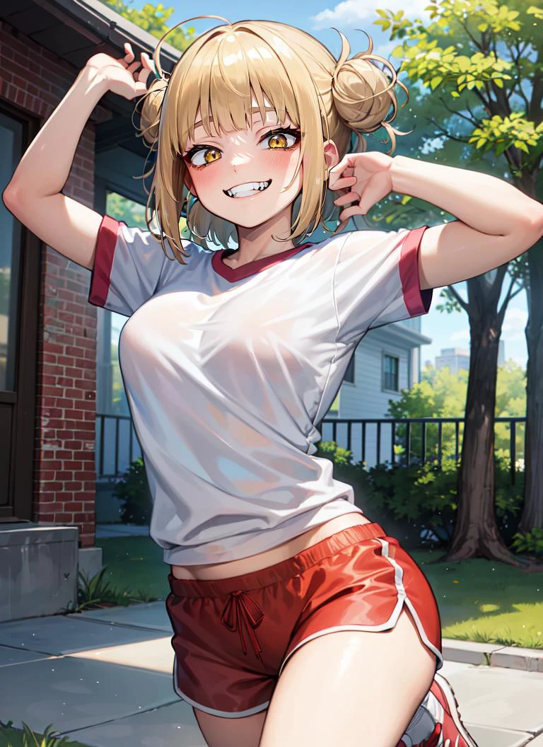 ((best quality)), ((highly detailed)), masterpiece, , (1girl), (solo), from the front, cowboy shot, <lora:HimikoToga-TMT:.6>, HimikoT, blonde hair, yellow eyes, medium breasts, grin, fangs, t-shirt, gym shorts, sneakers, (outside, at a mansion, dawn, sunnyday)
