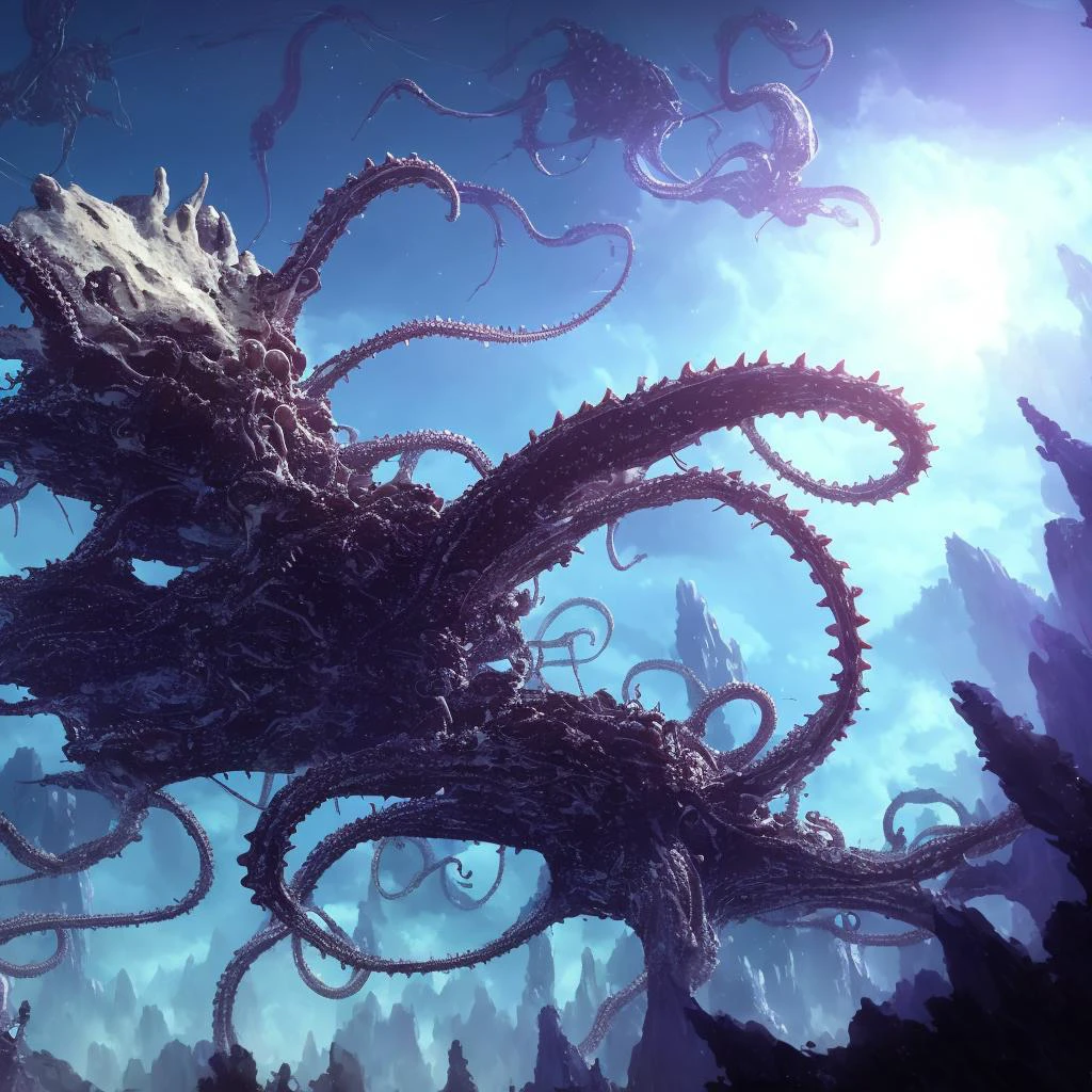 An enormous alien spiky octopus is flying through the sky just above the treeline of alien forest planet. The octopus is Carrying an energy trident held in two tentacles. There are alien avian lizards in the sky and sitting in the branches of the trees