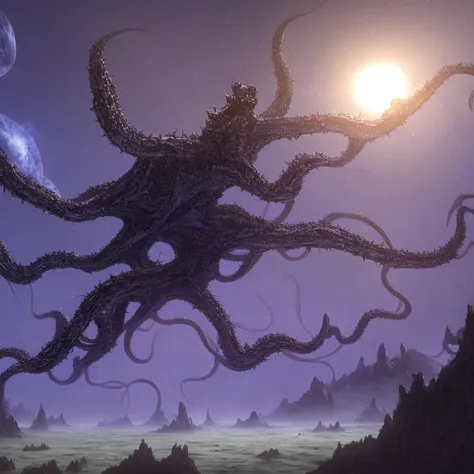 An enormous alien spiky octopus is floating and drifting through the sky just above the treeline of alien forest planet. The octopus is Carrying an energy trident held in two tentacles. There are alien avian lizards in the sky and sitting in the branches of the trees, the octopus has intelligent evil eyes that state into the viewer's soul