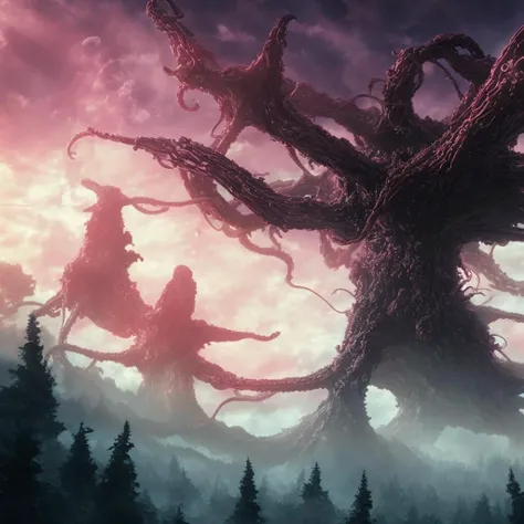 An enormous alien spiky octopus is flying through the sky just above the treeline of alien forest planet. The octopus is Carrying an energy trident held in two tentacles. There are alien avian lizards in the sky and sitting in the branches of the trees, the octopus has intelligent evil eyes that state into the viewer's soul