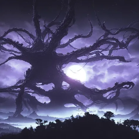An enormous alien spiky octopus is floating and drifting through the sky just above the treeline of alien forest planet. The octopus is Carrying an energy trident held in two tentacles. There are alien avian lizards in the sky and sitting in the branches of the trees, the octopus has intelligent evil eyes that state into the viewer's soul, a black sun sits like a void in the sky shining darkness on the planet