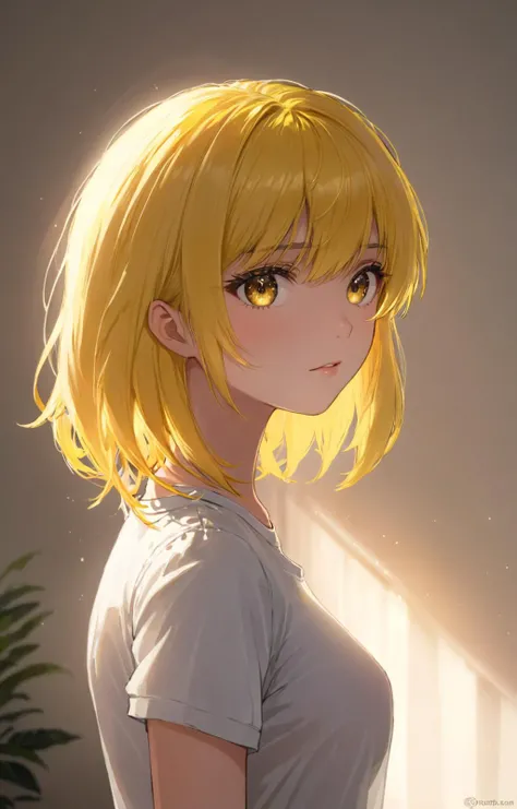 <lora:breasts silhouette XL:1> breasts silhouette, wearing a white tshirt, bedroom in background, nice lighning conditions,, (masterpiece), best quality, highres, 4k, 8k, intricate detail, cinematic lighting, amazing quality, amazing shading, soft lighting, ultra detailed skin, ultra detailed face, perfect eyes, small skin imperfections, 1girl, Side-swept bangs, medium boobs, Skinny body, black eyes, Canary yellow hair, Detailed Illustration, official artwork, anime style, wallpaper, official art