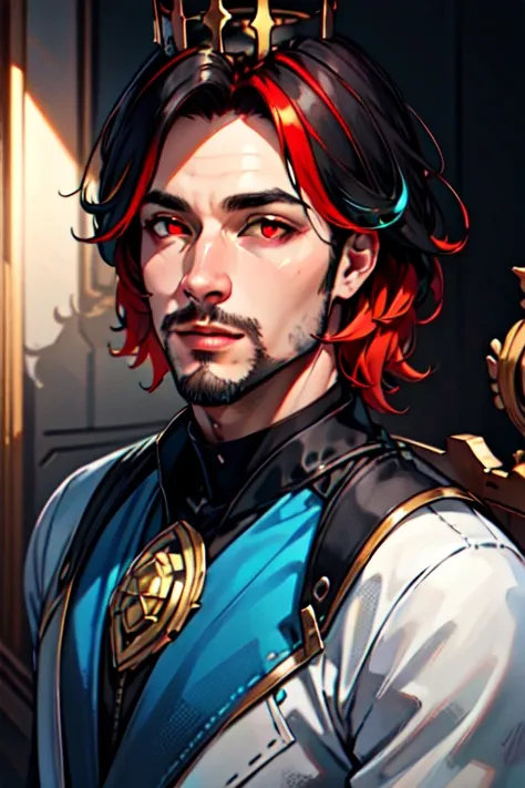 25D_Loras. 1boy, male focus, beard, stubble, facial hair, multicolored hair, crown, god, (masculine), red eyes,  (masterpiece, best quality, ultra-detailed, highres), ((solo)), perfect face, sidelighting, lustrous skin,(bloom), (shine), lighting, ray tracing, sci-fi,depth_of_field,very detailed background, highly detailed background, Masterpiece, Ultra detailed, great composition,Dynamic angle,(Highest picture quality), (Master's work), extreme light and shadow, masterpiece, rich in detail, (highest quality), (masterpiece), (extremely detailed CG unity 8k wallpaper),(masterpiece), (best quality), (ultra-detailed), (best illustration),(best shadow),perfect lighting , perfect anatomy , vivid colors, (masterpiece),  <lora:25D_Loras:0.8>