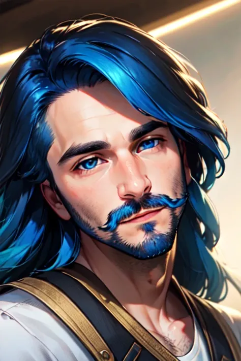 <lora:25D_Loras:1> 25D_Loras, (masterpiece, best quality, ultra-detailed, highres), perfect face, side lighting, lustrous skin,(bloom), (shine), masterpiece, best quality, 1boy, male focus, solo, facial hair, beard, blue hair, blue eyes, looking at viewer, realistic, long hair, closed mouth, mustache, shirt, portrait, upper body, wild hair, fluffy hair, wind swept hair,