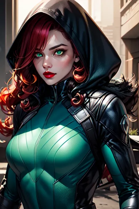 25D_Loras, masterpiece, best quality, 1girl, red lips, solo, green eyes, green and yellow body suit, curly hair, multicolored hair, white hair, auburn hair, two-tone hair,ombre , Rogue of the X-men, Anna Lebeau, bangs, hood, side lighting, skiny skin, superhero,best illustration, detailed eyes, best illustration <lora:25D_Loras:0.8>