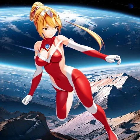 Olivia from USA, long straight [black:.3] hair, masterpiece, high quality, highres, 1girl, solo, (giantess, giant), <lora:DynaGRed:0.7>, DynaGRed, medium breasts, blonde hair, ponytail, fighting stance, light smile, full body, close-up, space, spacecraft, earth (planet), in orbit,