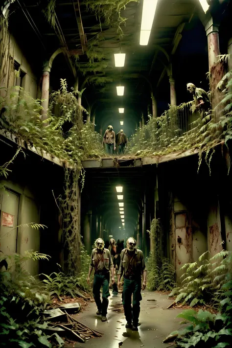 Decaying zoo, enclosures overgrown with vegetation, survivors forced to confront undead animals alongside human threats. ,screen cap from George A. Romero's Twilight of the Dead" , twilight_of_the_dead