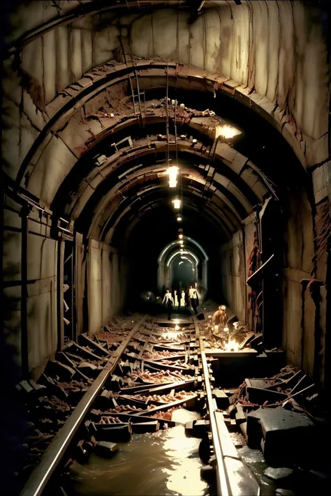 Collapsed subway tunnel, survivors using salvaged materials to construct a hidden sanctuary deep within the earth, sheltered from the undead above. ,screen cap from George A. Romero's Twilight of the Dead" , twilight_of_the_dead