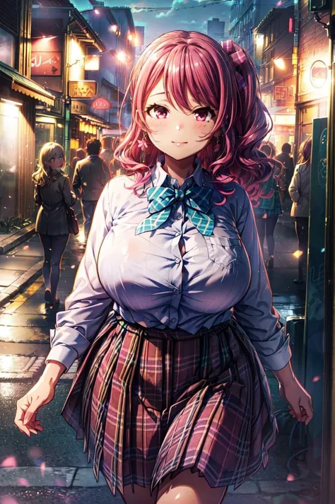 detailed illustration, close up, of a mature chubby woman, ameyaerika, pretty face,pink hair, side ponytail, hair bow, hair ornament, bangs, wavy hair, long hair, pink eyes, earrings, gigantic breasts, necklace, jewelry, blue bowtie, white shirt, clothes around waist, green skirt, plaid skirt, school uniform, smile, closed mouth, plump lips, outdoors, busy street, cinematic lighting, hires, volumetric lighting, highly detailed background, masterpiece, <lora:add_detail:0.5> <lora:hairdetailer:0.5> <lora:Ameya-Erika:0.7>