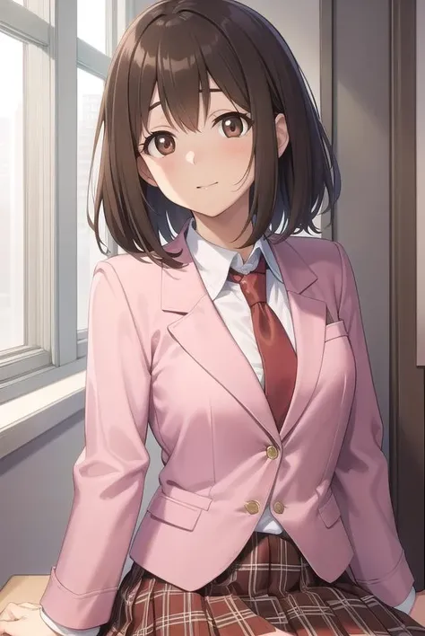 princessconnectyui, <lora:princessconnectyui-lora-nochekaiser:1>,
yui, bob cut, (brown eyes:1.7), brown hair, medium hair,
BREAK blazer, jacket, necktie, (pink jacket:1.5), plaid, plaid skirt, pleated skirt, red necktie, (red skirt:1.5), school uniform, skirt, tsubakigaoka metropolitan high school uniform,
BREAK looking at viewer,
BREAK indoors, classroom,
BREAK <lyco:GoodHands-beta2:1>, (masterpiece:1.2), best quality, high resolution, unity 8k wallpaper, (illustration:0.8), (beautiful detailed eyes:1.6), extremely detailed face, perfect lighting, extremely detailed CG, (perfect hands, perfect anatomy),