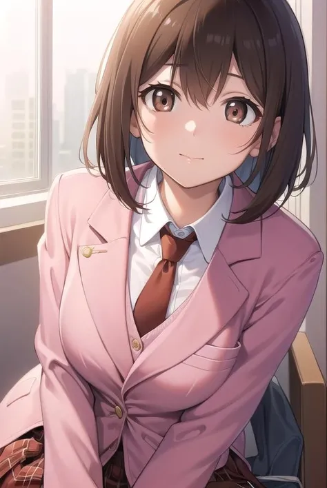 princessconnectyui, <lora:princessconnectyui-lora-nochekaiser:1>,
yui, bob cut, (brown eyes:1.7), brown hair, medium hair,
BREAK blazer, jacket, necktie, (pink jacket:1.5), plaid, plaid skirt, pleated skirt, red necktie, (red skirt:1.5), school uniform, skirt, tsubakigaoka metropolitan high school uniform,
BREAK looking at viewer,
BREAK indoors, classroom,
BREAK <lyco:GoodHands-beta2:1>, (masterpiece:1.2), best quality, high resolution, unity 8k wallpaper, (illustration:0.8), (beautiful detailed eyes:1.6), extremely detailed face, perfect lighting, extremely detailed CG, (perfect hands, perfect anatomy),