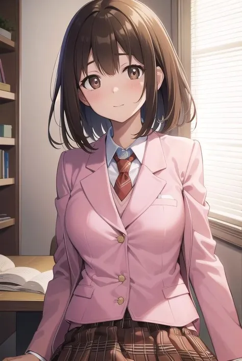 princessconnectyui, <lora:princessconnectyui-lora-nochekaiser:1>,
yui, bob cut, (brown eyes:1.7), brown hair, medium hair,
BREAK blazer, jacket, necktie, (pink jacket:1.5), plaid, plaid skirt, pleated skirt, red necktie, (red skirt:1.5), school uniform, skirt, tsubakigaoka metropolitan high school uniform,
BREAK looking at viewer,
BREAK indoors, classroom,
BREAK <lyco:GoodHands-beta2:1>, (masterpiece:1.2), best quality, high resolution, unity 8k wallpaper, (illustration:0.8), (beautiful detailed eyes:1.6), extremely detailed face, perfect lighting, extremely detailed CG, (perfect hands, perfect anatomy),