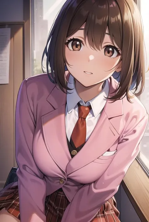 princessconnectyui, <lora:princessconnectyui-lora-nochekaiser:1>,
yui, bob cut, (brown eyes:1.7), brown hair, medium hair,
BREAK blazer, jacket, necktie, (pink jacket:1.5), plaid, plaid skirt, pleated skirt, red necktie, (red skirt:1.5), school uniform, skirt, tsubakigaoka metropolitan high school uniform,
BREAK looking at viewer,
BREAK indoors, classroom,
BREAK <lyco:GoodHands-beta2:1>, (masterpiece:1.2), best quality, high resolution, unity 8k wallpaper, (illustration:0.8), (beautiful detailed eyes:1.6), extremely detailed face, perfect lighting, extremely detailed CG, (perfect hands, perfect anatomy),