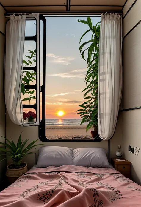 inside a cozy campervan, comfy bed and warm blanket, plants, flowers, decoration, view from the back on quiet beach, sunrise, peaceful, vibrant colors, lineart