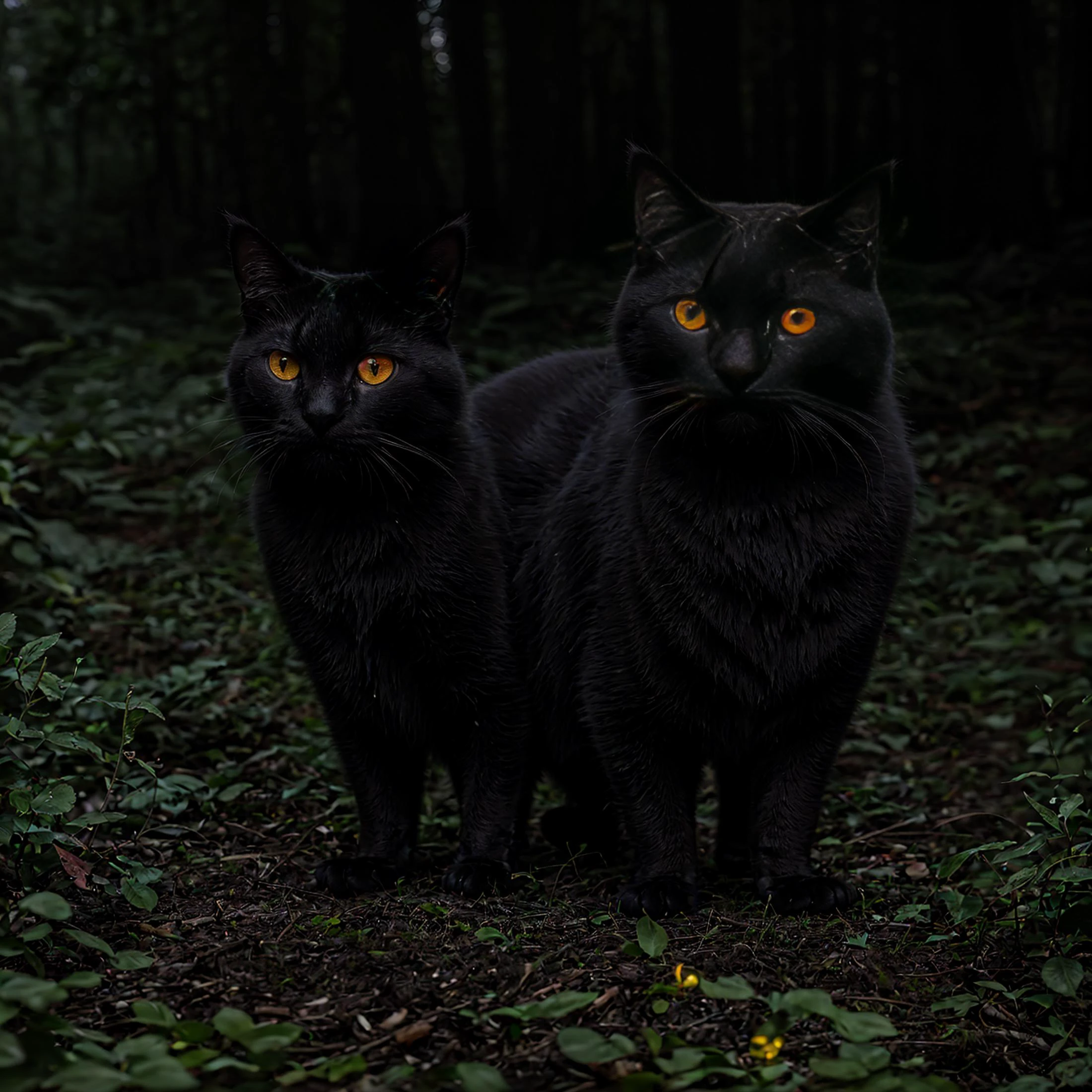 RAW photo, realistic black cat glowing eyes ghost bioluminescent fireflies spooky forest moonlight ominous lake moss, 8k uhd, dslr, soft lighting, high quality, film grain, Fujifilm XT3,full cat, full frame, bokeh
