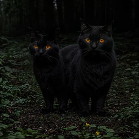 RAW photo, realistic black cat glowing eyes ghost bioluminescent fireflies spooky forest moonlight ominous lake moss, 8k uhd, dslr, soft lighting, high quality, film grain, Fujifilm XT3,full cat, full frame, bokeh