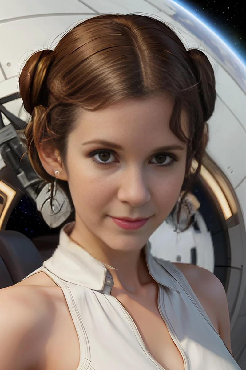 portrait, princess leia, space ship, fantasy, d & d, intricate, detailed, by by alphonse mucha, adolfo hohenstein, alice russell glenny, stanley artgerm lau, greg rutkowski, detailed, trending on artstation, trending on artstation, smooth, white polo dress