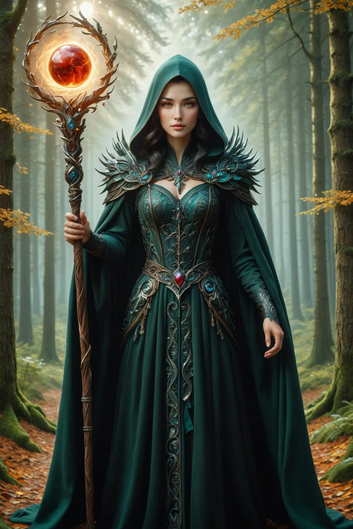 full body length 8k photorealistic by (((Brothers Grimm) and Janek Sedlar) and Karol Bak) and Harumi Hironaka, holding a staff, orbstaff <lora:orbstaff:0.60>