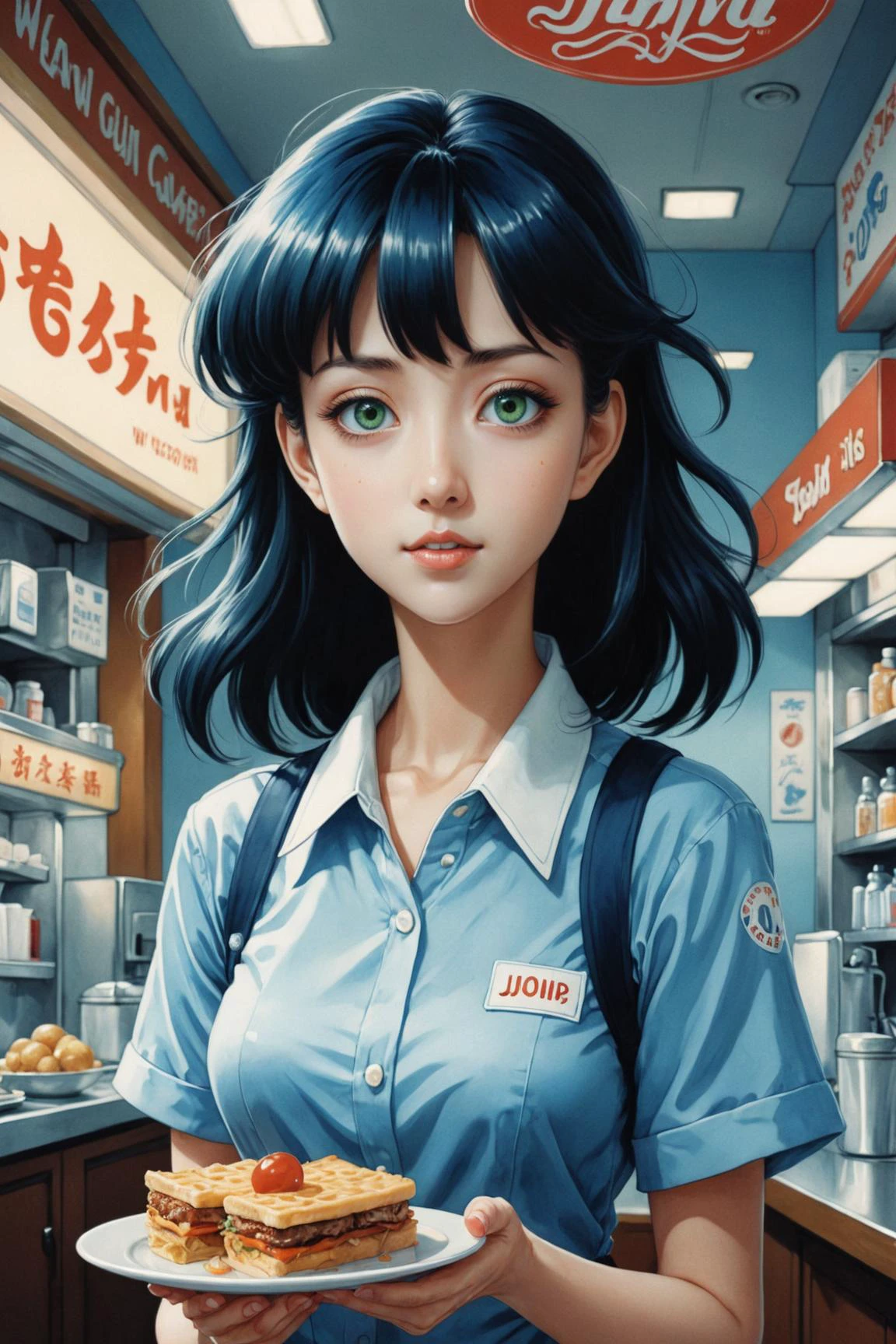 waitress , <lora:EnvyRetroDreamXL01:0.65> , by Kelly Mckernan and Jessica Rossier in the style of Junji Ito <lora:more_art:0.30> <lora:RMSDXL_Enhance:0.50> <lora:RMSDXL_Creative:0.50> <lora:RMSDXL_Photo:0.25> <lora:RMSDXL_Darkness_Cinema:0.50> <lora:clothing_slider:3.00> <lora:great_lighting:1.50> <lora:aesthetic:1.50> <lora:photorealistic_portrait:0.75> <lora:extremely_detailed:1.25> <lora:dpo:0.25> <lora:perfect_hands:0.50>