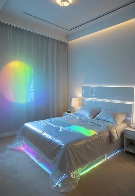 holographic projection of a translucent semi-transparent bedroom, hologram, depth, optical illusion, hologram background, <lora:- SDXL - holo_effect_V1.0:.6>