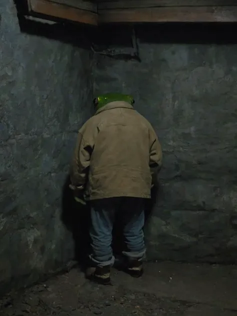 bwp-corner, bwp-style, nighttime, backside of a frog wearing clothes (standing:1.1) in a corner (facing a wall:1.2) , dark house, cropped, movie, (animal focus:1.1), eerie, <lora:- SDXL - bwp-style_blair_witch_project1999_V1.0-step00000500:.7> <lora:- SDXL - n-eeyblch_eye_bleach_V1.0-.5>