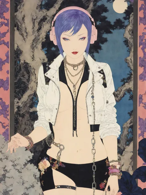 a woman with blue hair wearing a white jacket , 1girl, solo, long hair, breasts, looking at viewer, navel, cleavage, jewelry, medium breasts, underwear, blue hair, purple eyes, panties, jacket, pink hair, purple hair, multicolored hair, earrings, open clothes, midriff, dark skin, bra, mole, two-tone hair, open jacket, dark-skinned female, lips, mole under eye, makeup, headphones, piercing, eyeshadow, zipper, cropped jacket, garter belt, asymmetrical hair, hands in pockets, unzipped, headphones around neck, navel piercing in a garden tying each other up with chains and rope, knots, bdsm , floral damask background , in the style of takato yamamoto<lora:Takato_Yamamoto_Style:1><lora:Takato_Yamamoto_Style:1>