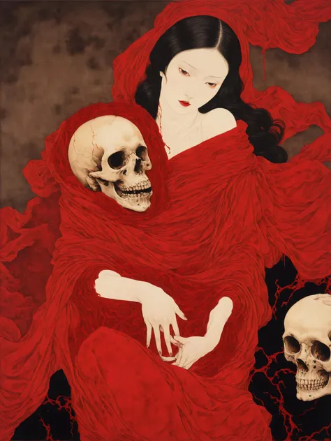 horror painting of young woman cradling a skull surrounded by endless blood red velvet blankets , in the style of takato yamamoto<lora:Takato_Yamamoto_Style:1><lora:Takato_Yamamoto_Style:1>