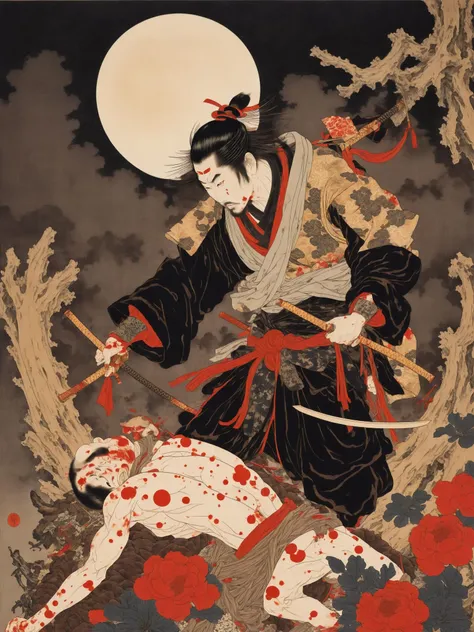 japanese line art , a samurai( tied up to a wooden steak with several arrows stuck in him,:1.2) lower body missing visible skeletal structure , ripped rags, rope and bloody ground, black skies and large moon , floral damask background , in the style of takato yamamoto ,<lora:Takato_Yamamoto_Style:1><lora:Takato_Yamamoto_Style:1>
