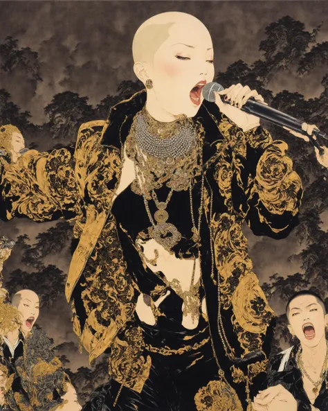 a woman in a black and gold outfit holding a microphone , open mouth, 1boy, jewelry, jacket, closed eyes, male focus, necklace, tattoo, piercing, ring, microphone, music, bald, singing, leather jacket , in the style of takato yamamoto<lora:Takato_Yamamoto_Style:1><lora:Takato_Yamamoto_Style:1>