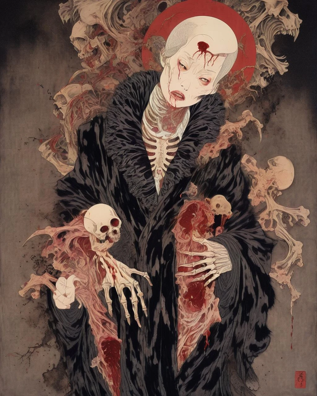 japanese line art ,a mature woman wearing a black large fur coat with skeletal hands, flesh of her cheek missing exposing buccinator muscle and mandible bone , dripping blood, skeletal figures, gore, (aged black background:1.2) , weathered canvas and brushstroke , (intricate eyeball pattern background:1) , , bad quality , low res, , in the style of takato yamamoto <lora:Horror_HK:1>