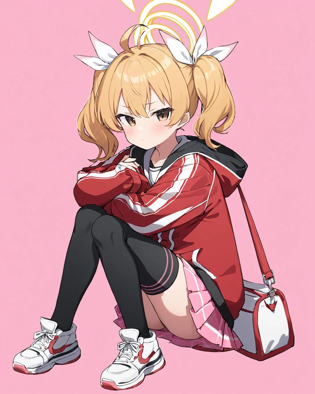 breathtaking,yoshimi \(blue archive\),1girl, solo, red_jacket, black_thighhighs, ahoge, twintails, sneakers, stuffed_animal, hair_ribbon, sitting, bag, pink_skirt, halo, full_body, long_sleeves, white_footwear, stuffed_bunny, looking_away, thighs, pleated_skirt, closed_mouth, ear_blush, pink_background, hooded_jacket, pout, crossed_arms
<lora:Yoshimi_image164_v1-000035:1> . gorgeous,key visual, vibrant, studio anime,award-winning, professional, highly detailed,high budget, cinemascope