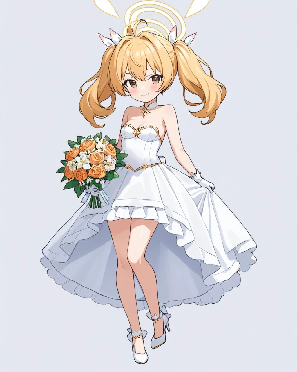 breathtaking,yoshimi \(blue archive\),1girl, solo, white_gloves, high_heels, wedding_dress, ahoge, elbow_gloves, cleavage, white_footwear, white_dress, twintails, bare_shoulders, tiara, hair_flower, strapless_dress, looking_at_viewer, smile, full_body, white_background, collarbone, standing, holding_bouquet, blush, halo, medium_breasts, rose, closed_mouth
<lora:Yoshimi_image164_v1-000035:1> . gorgeous,key visual, vibrant, studio anime,award-winning, professional, highly detailed,high budget, cinemascope