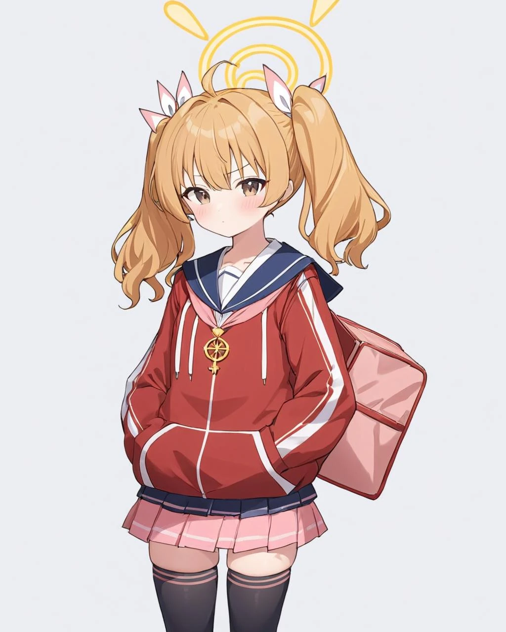 yoshimi \(blue archive\),1girl, solo, twintails, red_jacket, white_background, black_thighhighs, halo, bag, looking_at_viewer, ahoge, simple_background, blush, pink_skirt, hair_ribbon, hands_in_pockets, pleated_skirt, closed_mouth, miniskirt, long_sleeves, sailor_collar, school_uniform
<lora:yoshimi_(blue_archive)_image659_2023-11-28:1>halo. gorgeous,key visual, vibrant, studio anime,award-winning, professional, highly detailed,high budget, cinemascope