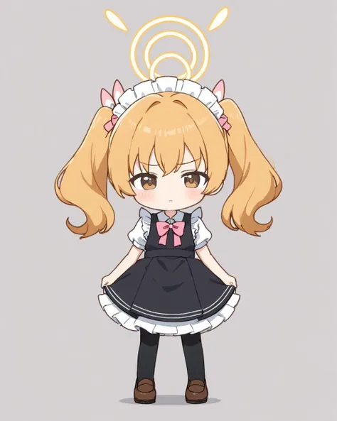 yoshimi \(blue archive\),1girl, solo, maid_headdress, white_apron, twintails, closed_mouth, frilled_apron, halo, black_dress, ahoge, full_body, brown_footwear, black_pantyhose, loafers, crossed_arms, looking_at_viewer, enmaided, chibi, v-shaped_eyebrows, pink_bow, standing, maid_apron, red_bow, juliet_sleeves, frilled_dress, hair_ribbon, black_footwear, nose_blush, brown_dress
<lora:yoshimi_(blue_archive)_image659_2023-11-28:1>halo. gorgeous,key visual, vibrant, studio anime,award-winning, professional, highly detailed,high budget, cinemascope