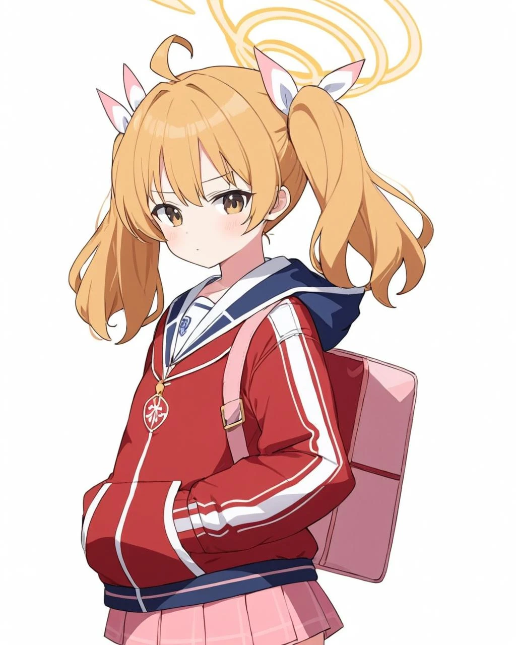yoshimi \(blue archive\),1girl, solo, simple_background, twintails, white_background, ahoge, halo, looking_at_viewer, blush, red_jacket, pink_skirt, hair_ribbon, hand_in_pocket, pleated_skirt, long_sleeves, sailor_collar, cropped_legs, hooded_jacket, track_jacket, closed_mouth, school_uniform
<lora:yoshimi_(blue_archive)_image659_2023-11-28:1>halo. gorgeous,key visual, vibrant, studio anime,award-winning, professional, highly detailed,high budget, cinemascope